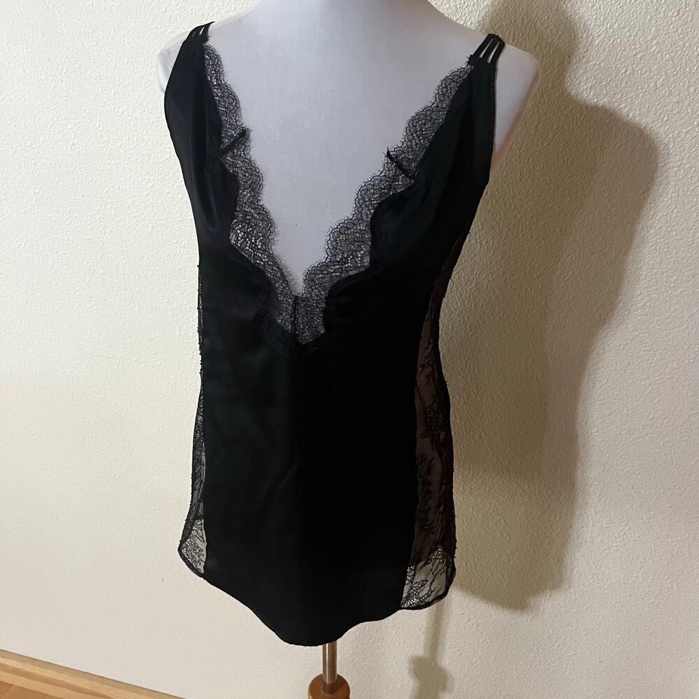 Victoria’s Secret VS black satin plunge V neck lace panel slip dress SMALL